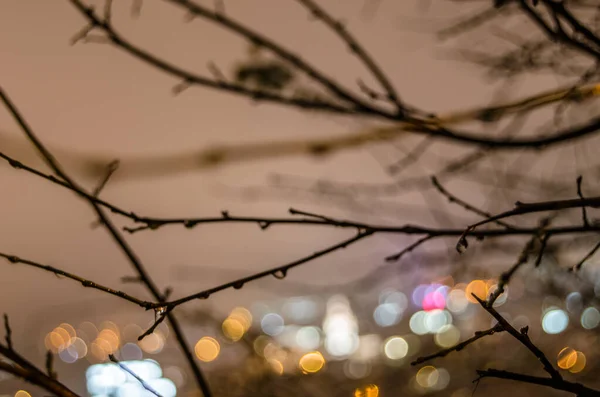 Luces Borrosas Ciudad Nocturna Otoño Fondo Nebuloso — Foto de Stock