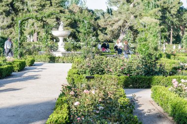 MADRID, İspanya - 7 Mayıs 2021: Madrid, İspanya 'daki Retiro parkında çiçek açarken gül bahçesini ziyaret eden insanlar