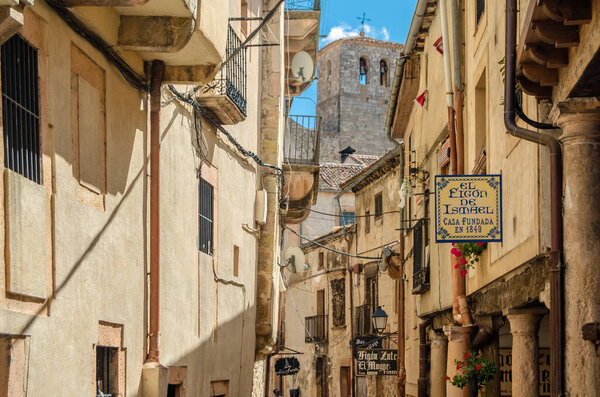SEPULVEDA, SPAIN - SEPTEMBER 12, 2021: Architecture in the medieval town of Sepulveda, one of the most beautiful villages in Spain, located in the province of Segovia, Castile and Leon, in central Spain