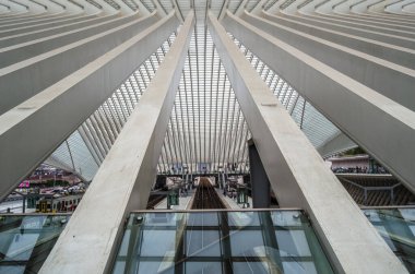 LIEGE, BELGIUM - 22 AĞUSTOS 2013: Santiago Calatrava tarafından tasarlanan modern Liege-Guillemins tren istasyonu, 2009 yılında açıldı
