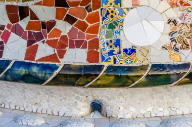 Colorful architectural detail in the famous Park Guell in Barcelona, Catalonia, Spain, designed by  Antoni Gaudi, renowned architect representative of Catalan modernism