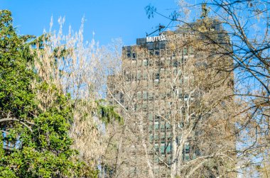 MADRID, SPAIN - JANUARY 12, 2022: Mutua Madrilena office building on Paseo de la Castellana in Madrid Spain. Mutua Madrilena is a group of Spanish companies that operate in various fields of activity: insurance, asset management and real estate