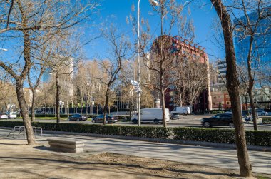 MADRID, SPAIN - JANUARY 12, 2022: Urban scene, view of Paseo de la Castellana, a major street in Madrid, Spain, cutting across the city from south to north