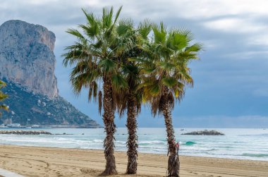 Gündoğumunda Calpe plajı manzarası, arka planda Penon de Ifach, Alicante bölgesi, İspanya