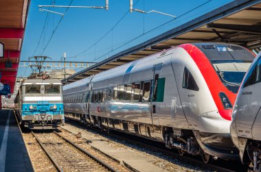 GENEVA, SWITZERLAND - SEPTEMBER 4, 2013: Swiss trains at Geneva train station, Switzerland
