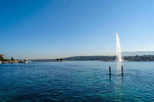 Jet Eau Large Fountain Geneva Switzerland One City Most Famous — Fotografia de Stock