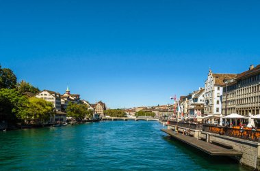 ZURICH, SWITZERLAND - SEPTEMBER 3, 2013: View of Zurich old town on the banks of the Limmat river