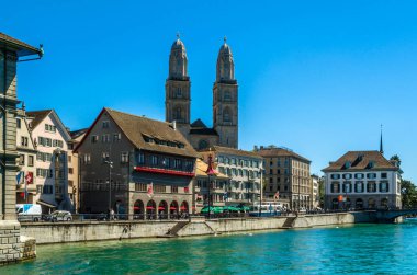 ZURICH, SWITZERLAND - SEPTEMBER 3, 2013: View of Zurich old town on the banks of the Limmat river