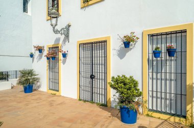 Estepona 'nın merkezinde dar sokaklar, tipik Endülüs kasabası, İspanya' nın güneyindeki Costa del Sol eyaletinde bulunan renkli saksılarla süslenmiş beyaz evler.