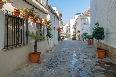 Estepona 'nın merkezinde dar sokaklar, tipik Endülüs kasabası, İspanya' nın güneyindeki Costa del Sol eyaletinde bulunan renkli saksılarla süslenmiş beyaz evler.