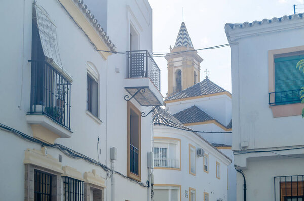 Narrow streets in the Estepona, typical Andalusian town, with white houses located on the Costa del Sol, Malaga province, southern Spain