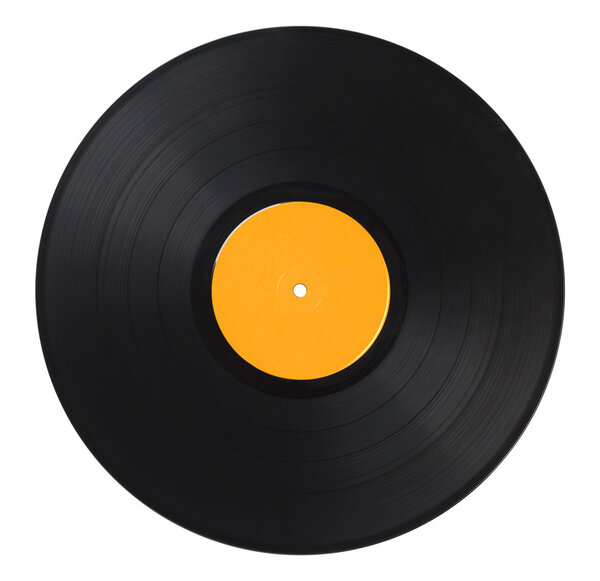 Black Music Record With Yellow Label Isolated on White Background.