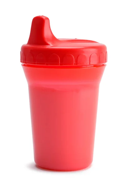 Rode Baby Sip Cup Vol Melk Uitgesneden Wit — Stockfoto