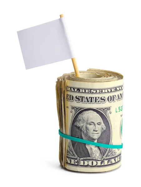 Rolo Dinheiro Com Bandeira Rendição Branca Cortada — Fotografia de Stock