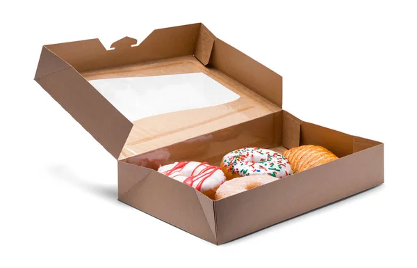 Berbagai Doughnut Glazed Dan Beku Dalam Kotak — Stok Foto