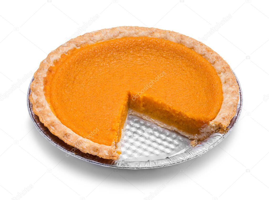 Pumpkin Pie with Missing Slice Cut Out on White.