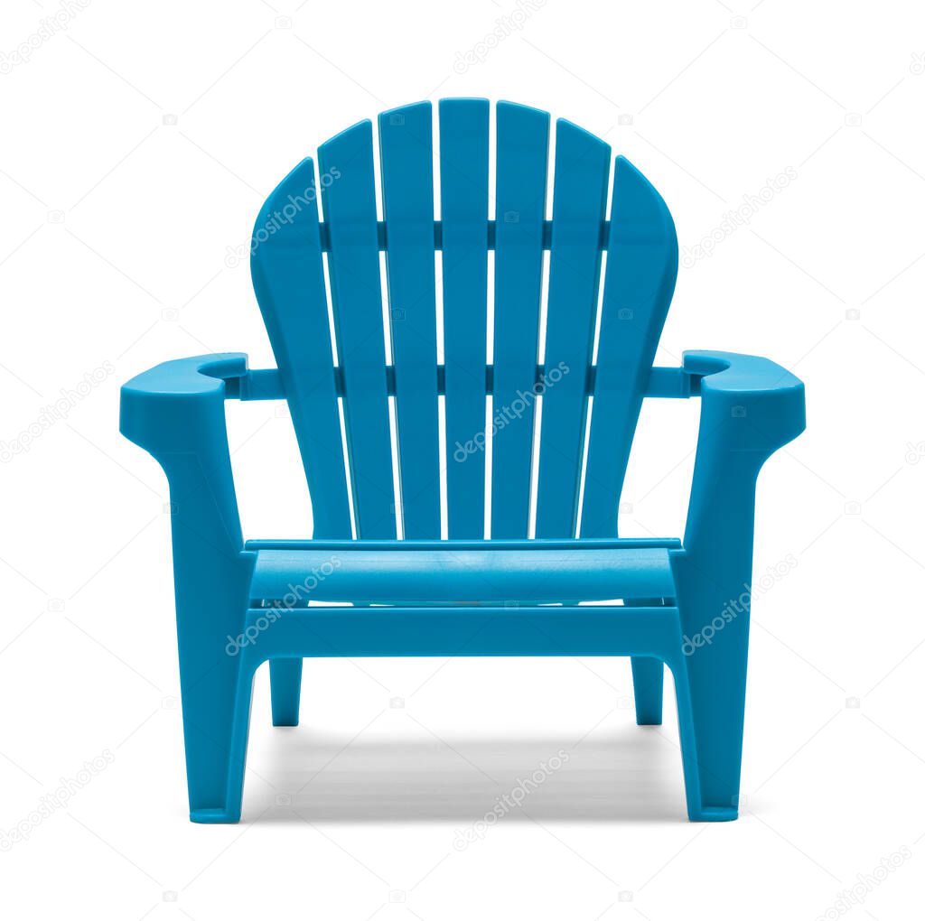 Blue Plastic Beach Chair  Front View Cut Out on White.