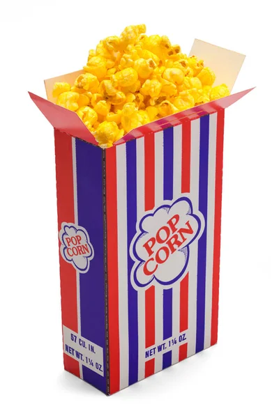 Volle Schachtel Butter Popcorn Auf Weiß Geschnitten — Stockfoto