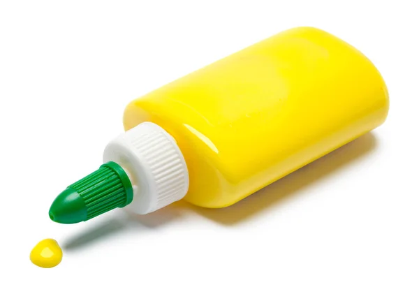 Verschüttete Flasche Mit Farbigem Klebstoff Auf Weiß Geschnitten — Stockfoto