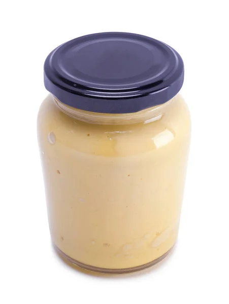 Small Jar Mustard Copy Space Cut Out White — стоковое фото