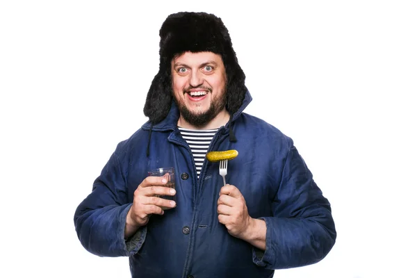 Happy, peaceful, crazy russian man with vodka and appetizer — Stock Photo, Image