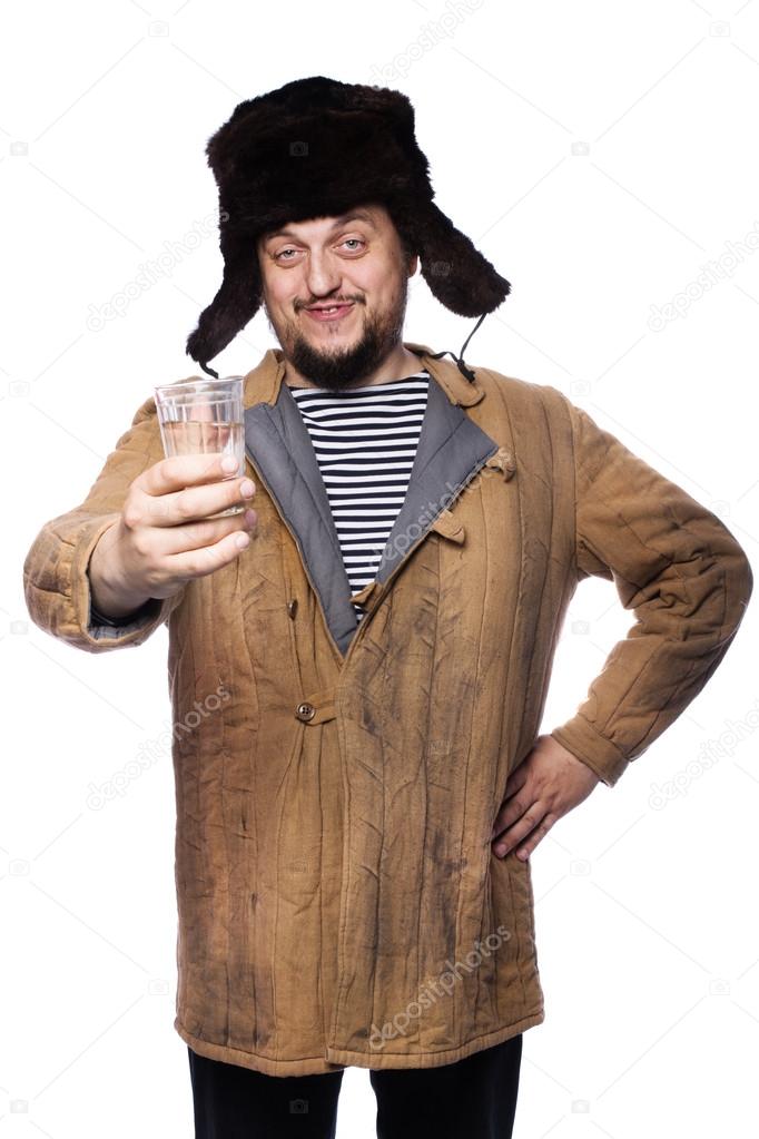 Happy russian man offering a vodka, cheers