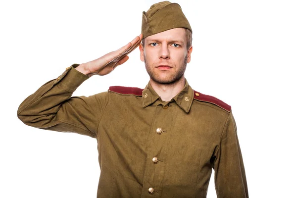 Russian soldier saluting — Stock Photo, Image