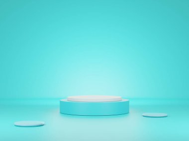 Mavi arka planda boş podyum. Mavi ürün arka plan standı. Reklam ürünleri sunumları, modeller, kozmetik ürün gösterimleri, yayalar. 3d oluşturma.