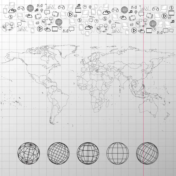 Mappa del mondo con globi e altri elementi — Vettoriale Stock