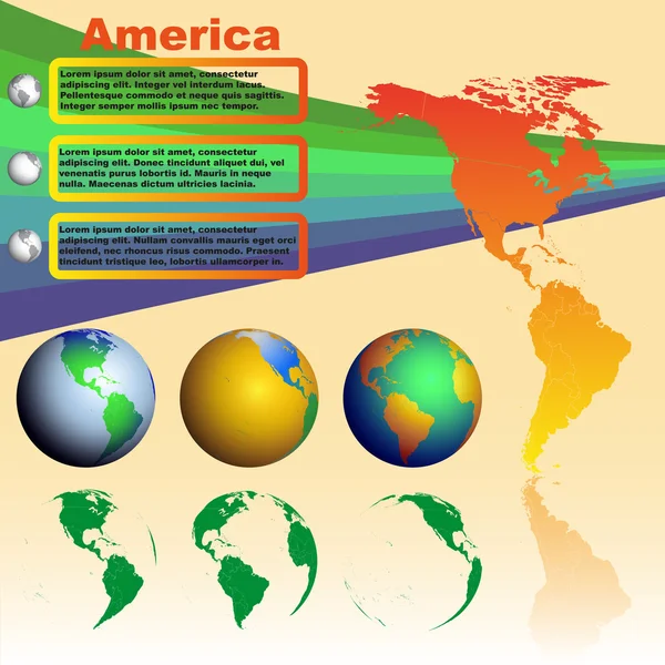 Карта Америки на желтом фоне с мировыми глобусами — стоковый вектор