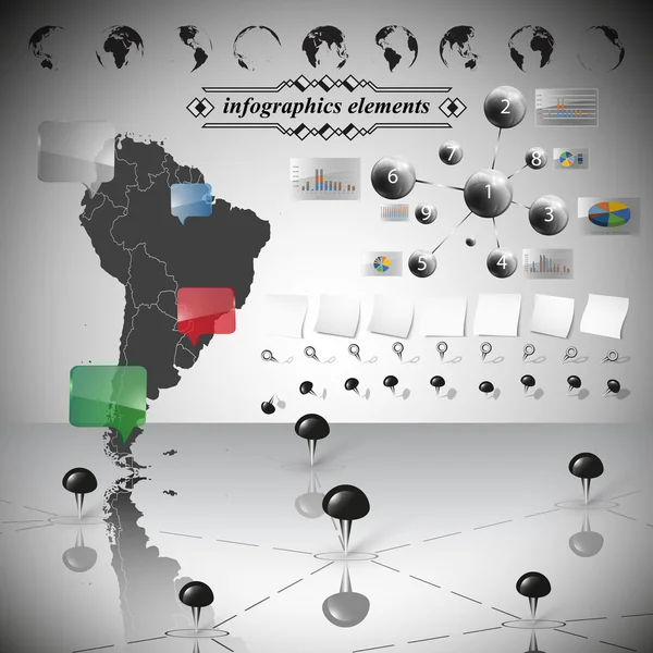 Mapa da América do Sul, diferentes ícones e gráficos de informação, ilustração vetor infográfico — Vetor de Stock