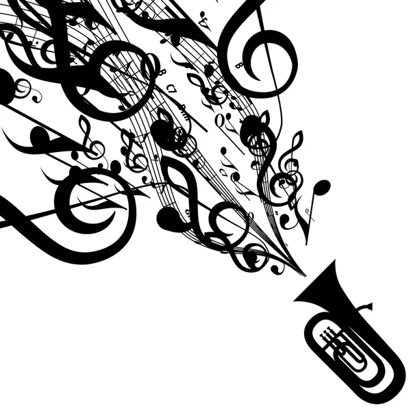 Vektorsilhouette der Tuba mit musikalischen Symbolen — Stockvektor