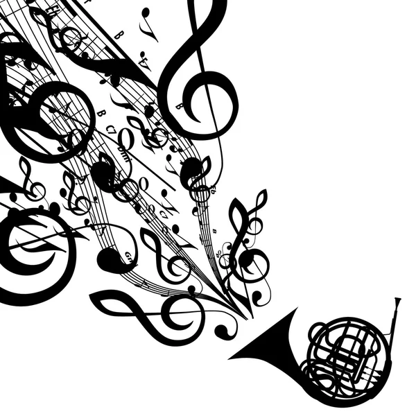 Silhouette vectorielle de corne française avec symboles musicaux — Image vectorielle