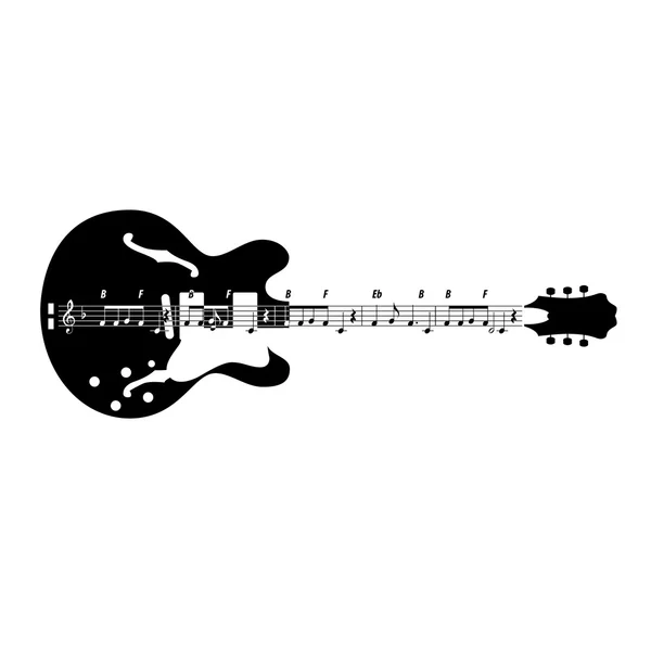 Silueta vectorial de guitarra con símbolos musicales — Archivo Imágenes Vectoriales