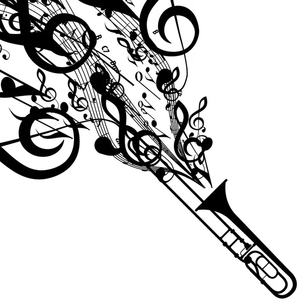 Silueta vectorial de trombón con símbolos musicales — Vector de stock