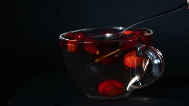 Cup Rosehip Tea Spins Circle Rotating Platform Stir Tea Small — Stock Video