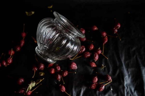 a glass decorative glass vase  filled with rose hips on a black background