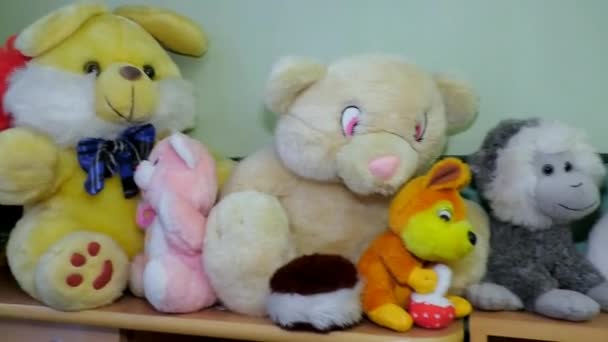 Toys Shelf Children Room Baby Dolls Numerous — Stock Video
