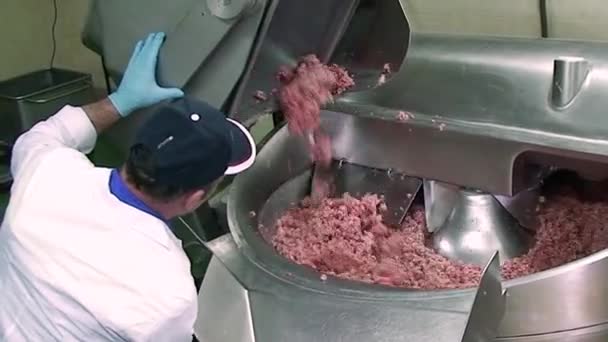 Trabalhador Prepara Carne Picada Para Produtos Salsicha Produção Carne Wurst — Vídeo de Stock