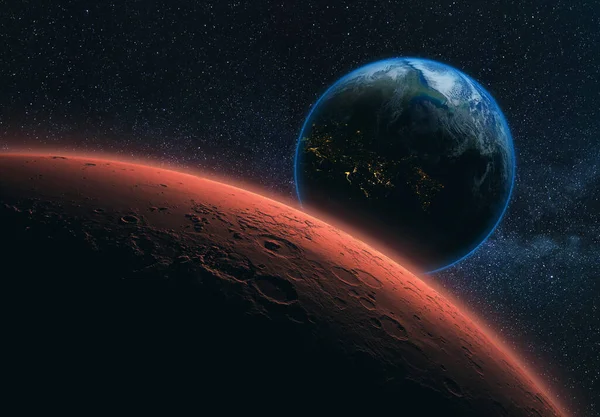 Rode Planeet Aarde Met Kraters Blauwe Planeet Aarde Ruimte Met — Stockfoto