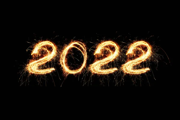 2022 Vrolijk Nieuwjaar Vuurwerk Geschreven Fonkelende Sterren Nachts Vakantie 2022 — Stockfoto