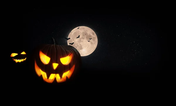 Halloween Citrouilles Effrayantes Avec Lune Les Chauves Souris Sur Terrain — Photo