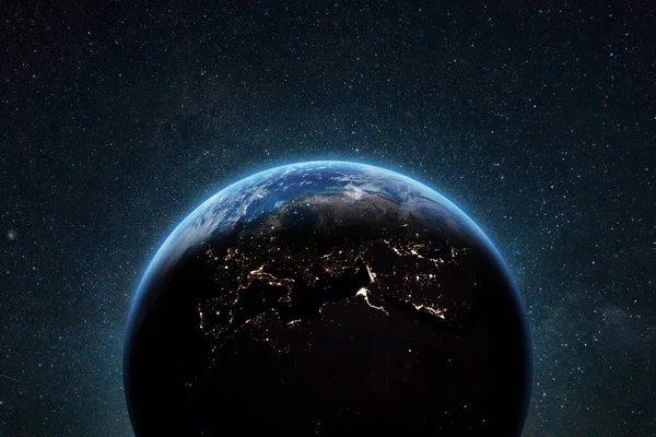 Niebieska Planeta Ziemia Panoramą Jasnymi Światłami Miasta Przestrzeni Kosmicznej Gwiazdami — Zdjęcie stockowe