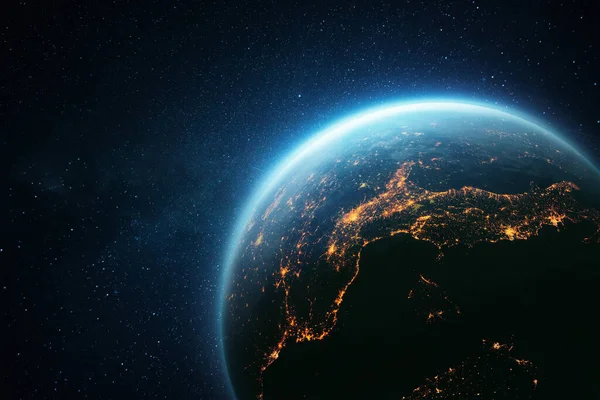 Fantastisk Planet Jorden Med Blå Glöd Och Gula Lampor Nattstäder — Stockfoto