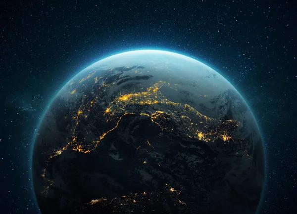 Incrível Planeta Terra Azul Com Luzes Amarelas Noturnas Megacidades Espaço — Fotografia de Stock