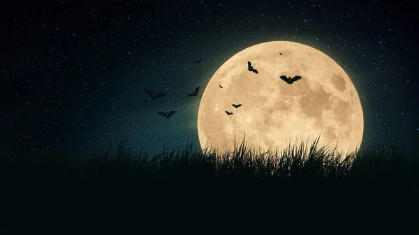 大可怕的月亮 夜晚蝙蝠在草地上 万圣节壁纸 — 图库照片
