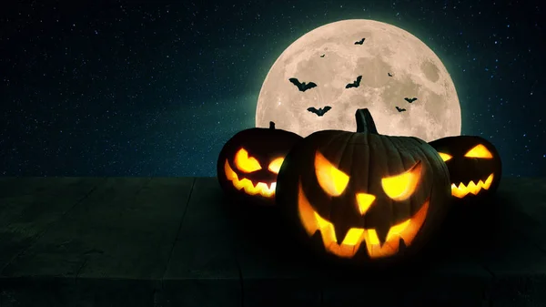 Ijesztő Izzó Tök Fényekkel Egy Asztalon Teliholddal Denevérekkel Halloween Tapéta — Stock Fotó