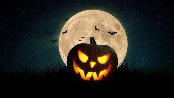 Děsivá Dýně Netopýři Poli Úplňkem Noci Šťastné Halloween Tmavé Tapety — Stock fotografie