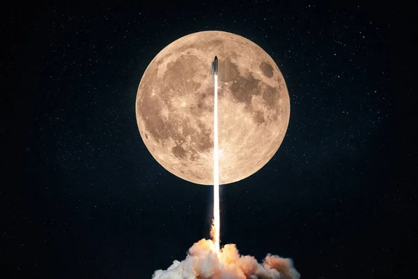 Successful Rocket Launch Space Background Full Moon Craters Stars Spaceship — Stock Photo, Image