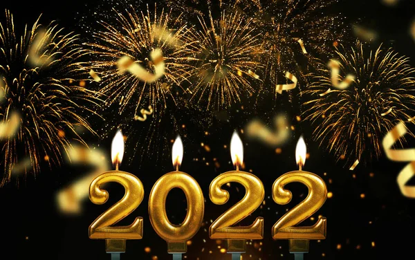 Anul Nou 2022 Lumânări Aur 2022 Arzând Fundal Negru Artificii — Fotografie, imagine de stoc